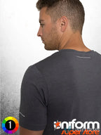 Gray t-shirt on a man featuring aegis microbe shield and cooldry moisture technology