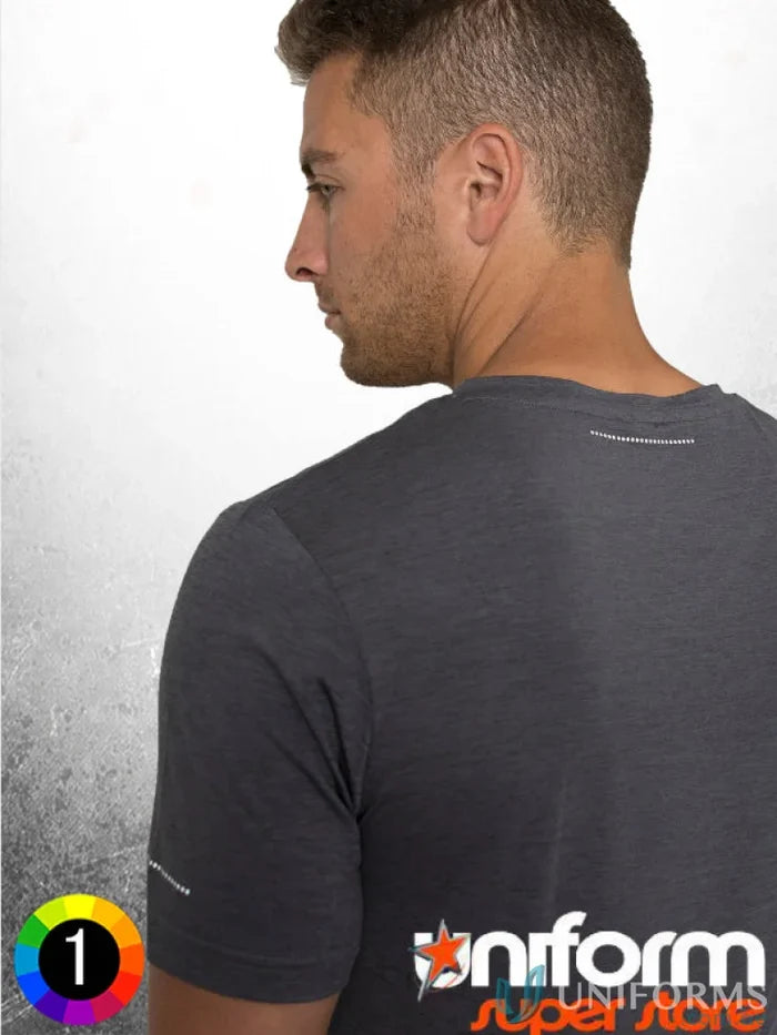 Gray t-shirt on a man featuring aegis microbe shield and cooldry moisture technology