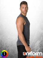 Gray sleeveless athletic shirt showcasing Aegis Microbe Shield and CoolDry tech in Black Kanvas style