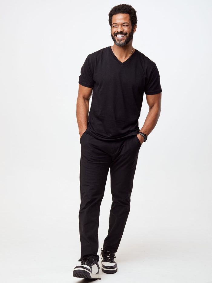 Jarrett is 6', 168lbs and wears a size M # Black V-Neck Tees | 3-Pack, 5-Pack | Fresh Clean Threads