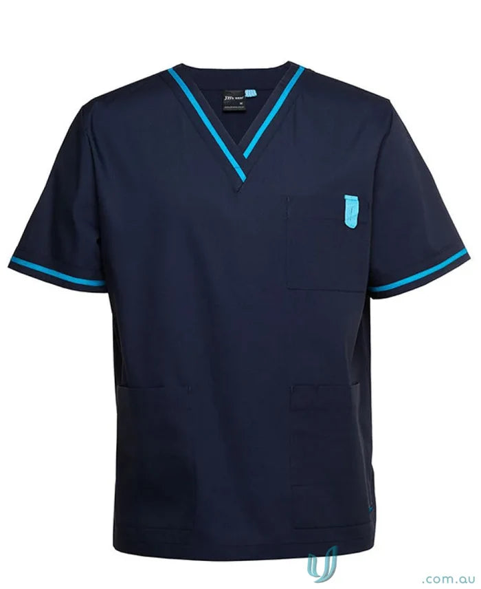 Navy blue contrast scrubs top with turquoise trim and hand pocket from JBs uniforms