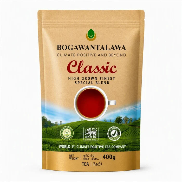 A 400g stand-up pouch of Bogawantalawa Classic High Grown Finest Special Blend tea, featuring a kraft paper design with a green landscape illustration and a cup of red tea.