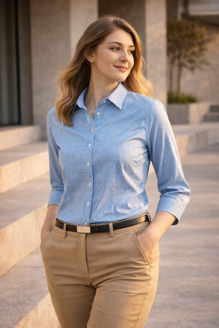 Boronia ladies 3q shirt in light blue white checkered cotton