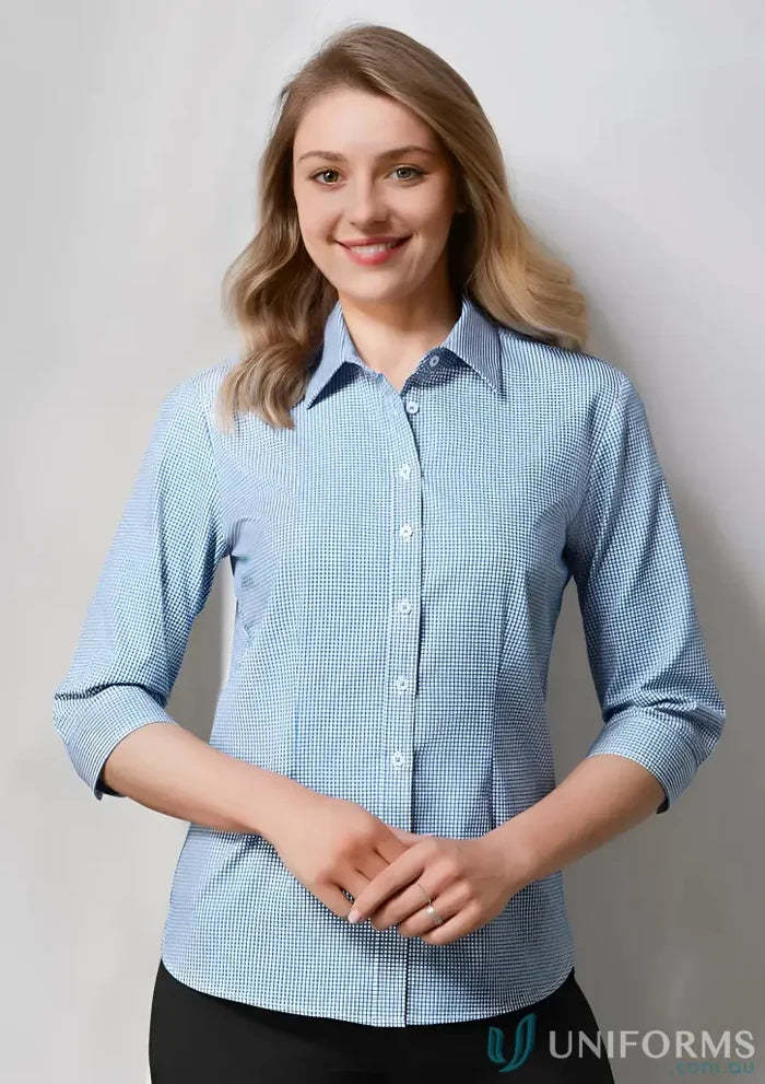 Blue and white checkered ladies ellison shirt from Biz Collection Ladies 3Qtr
