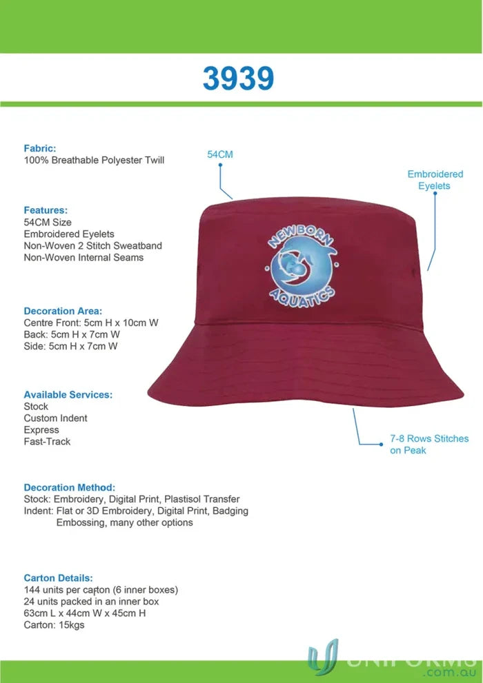 Breathable Poly Twill Kids Bucket Hat with embroidered eyelets, perfect for uniforms and workwear