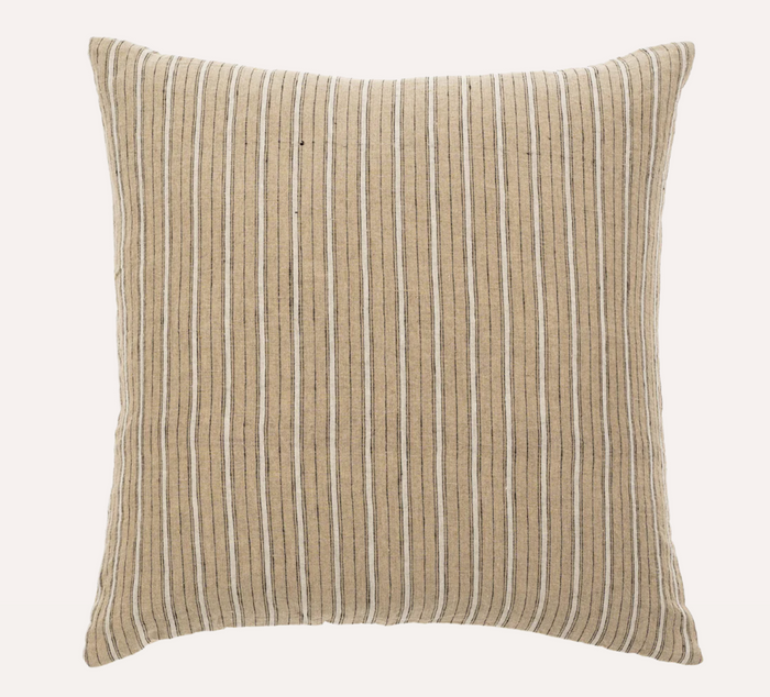 A square-shaped Brighton Stripe Linen Pillow with beige and gray vertical stripes.