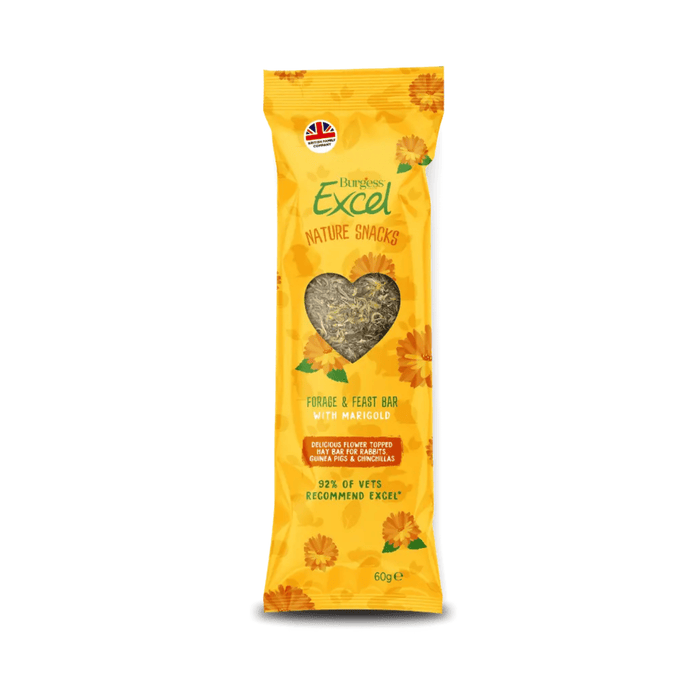White background with a picture of a yellow Burgess Excel Nature Snacks Forage & Feast Bar with Marigold with illustrated Marigolds pictured on the packet. A heart shaped window shows the bar inside.
