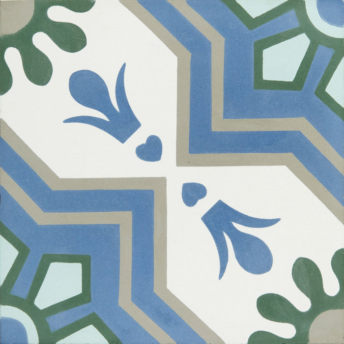 Decorative tile with geometric pattern and blue floral design