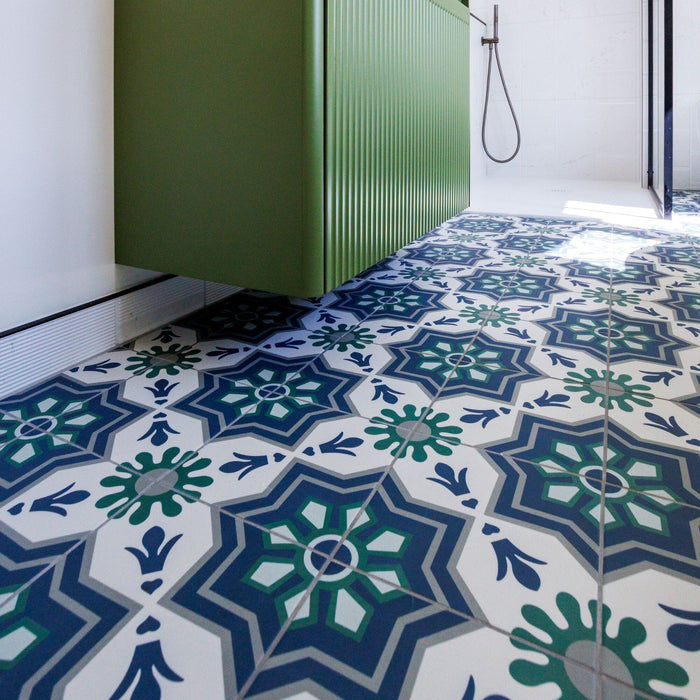 Patterned tiles with blue, green, and white colors in a bathroom setting.
