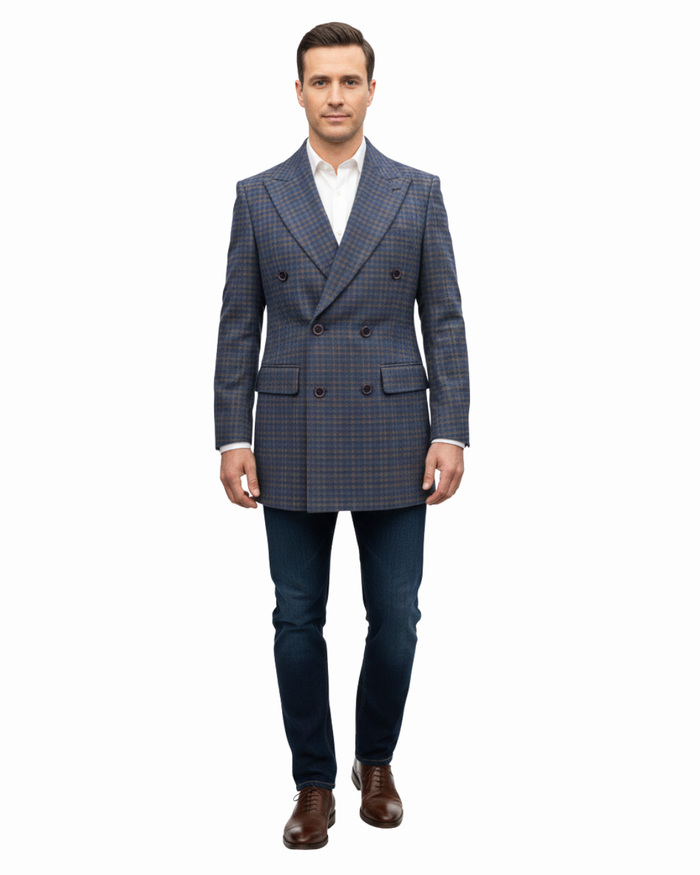 Canuti By Steven Land Mens Blue Check Double Breasted 100% Wool Overcoat