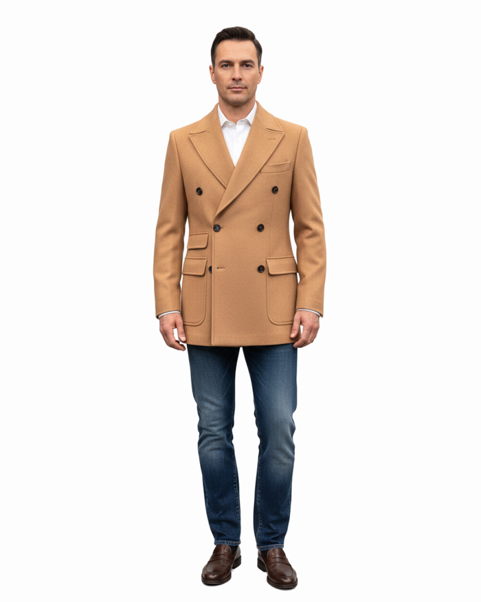 Canuti By Steven Land Mens Brown Solid 100% Wool Double Breasted Overcoat