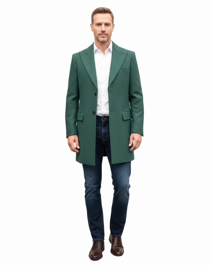 Canuti By Steven Land Mens Green 100% Wool 3/4 Length Overcoat With Peak Lapels - The Suit Depot