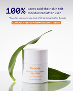 Dream Bio-Retinol + Shorea Butter Rejuvenating Cream | Three Ships in a white jar surrounded by green leaves, highlighting 100% user satisfaction for moisturized skin after use.