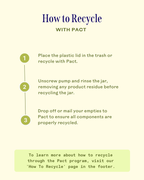 Instructions on how to recycle the Dream Bio-Retinol + Shorea Butter Rejuvenating Cream | Three Ships packaging through the Pact program by separating the lid, rinsing the jar, and mailing empties for proper recycling.