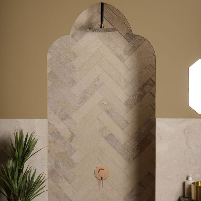 Limestone parquet bathroom feature wall