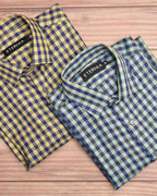 Men's linen shirt, yellow and blue check, showing two collar angles with buttons