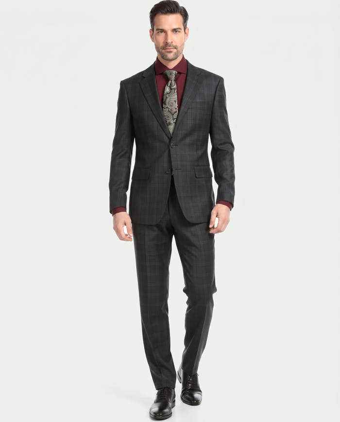 Ferrecci Mens Black Plaid Classic Fit Wool Blend 2 Piece Suit