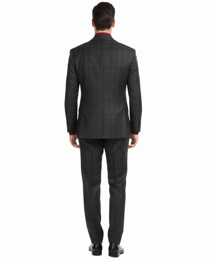 Ferrecci Mens Black Plaid Classic Fit Wool Blend 2 Piece Suit