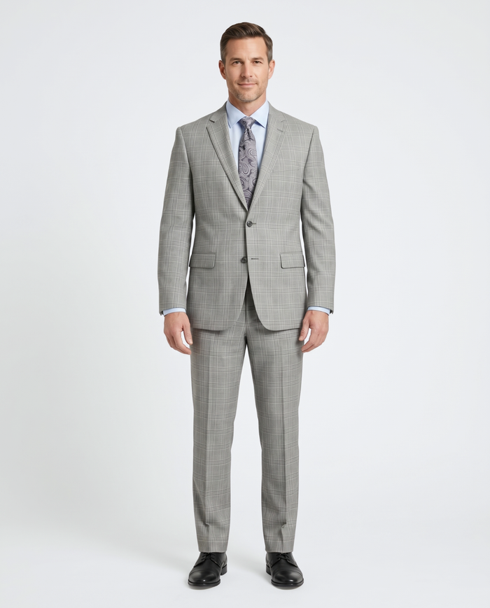 Ferrecci Mens Light Gray Plaid Classic Fit Wool Blend 2 Piece Suit