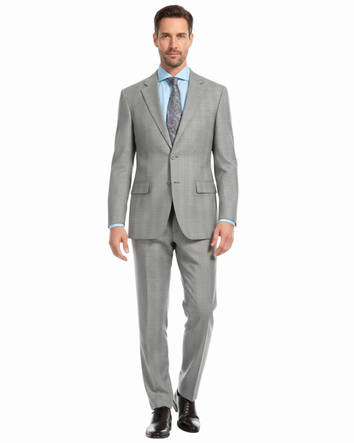 Ferrecci Mens Light Gray Plaid Classic Fit Wool Blend 2 Piece Suit