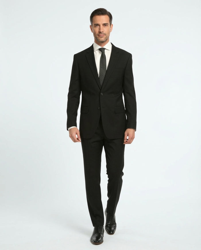 Ferrecci Mens Solid Black Classic Fit 100% Wool 2 Piece Suit