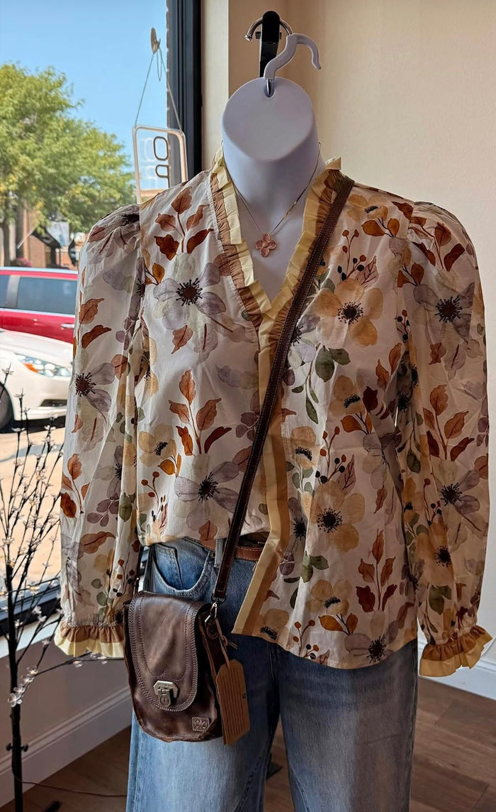 Floral cotton button-front shirt with long sleeves, V-neck, brown and tan print