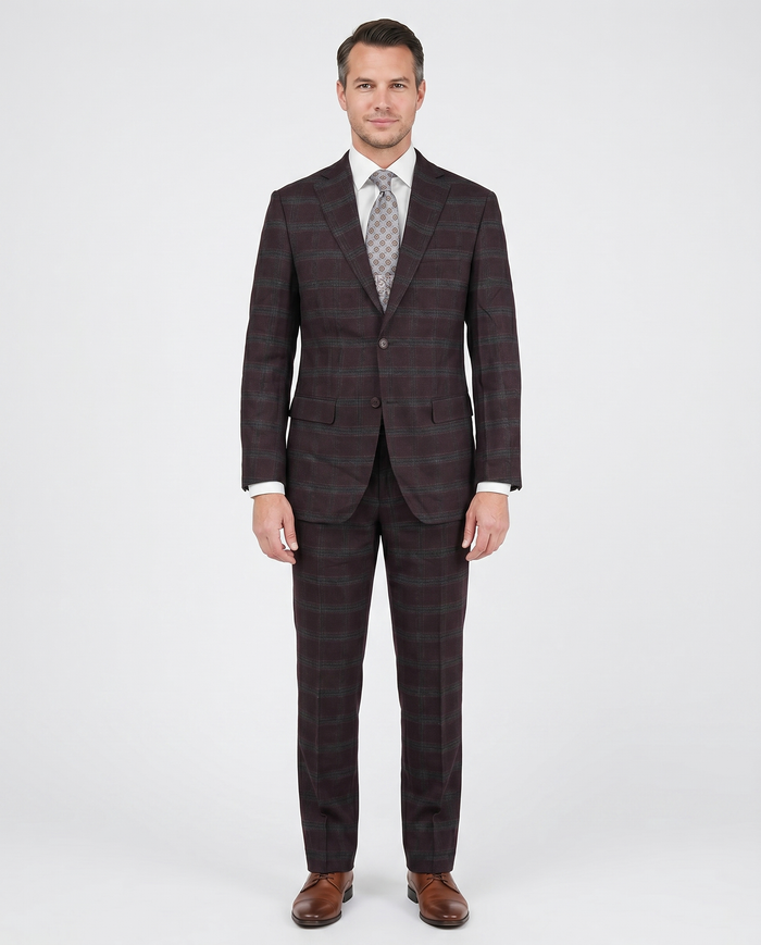 Giorgio Fiorelli Mens burgundy Plaid Classic Fit 2 Piece Suit