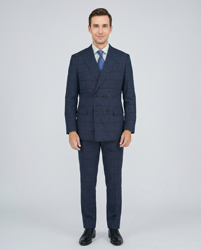 Giorgio Fiorelli Mens Navy Blue Plaid Classic Fit Double Breasted 2 Piece Suit
