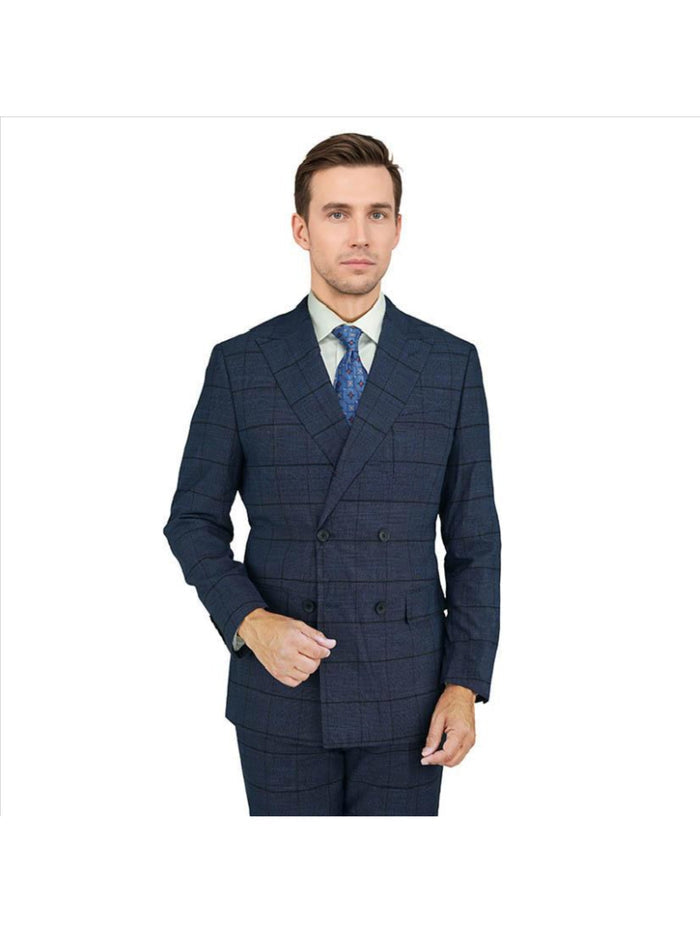 Giorgio Fiorelli Mens Navy Blue Plaid Classic Fit Double Breasted 2 Piece Suit