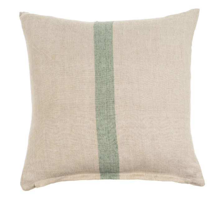 A beige linen pillow with a green vertical stripe in the center.