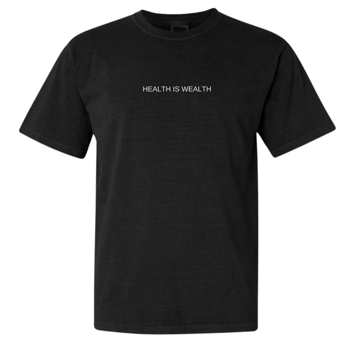 Black crew neck t-shirt with short sleeves featuring the text "HEALTH IS WEALTH" in white, showcasing the Health Is Wealth T-Shirt | Lucky Owl design.