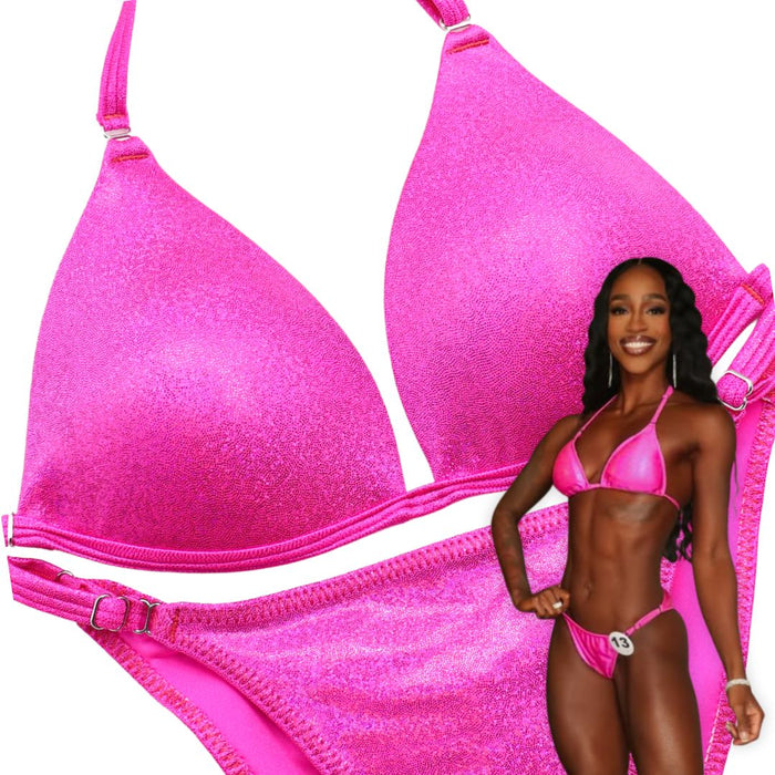Hologram Pink Fit Model Competition Suit in bright pink for NPC bikini competition suit and fit model competition suit