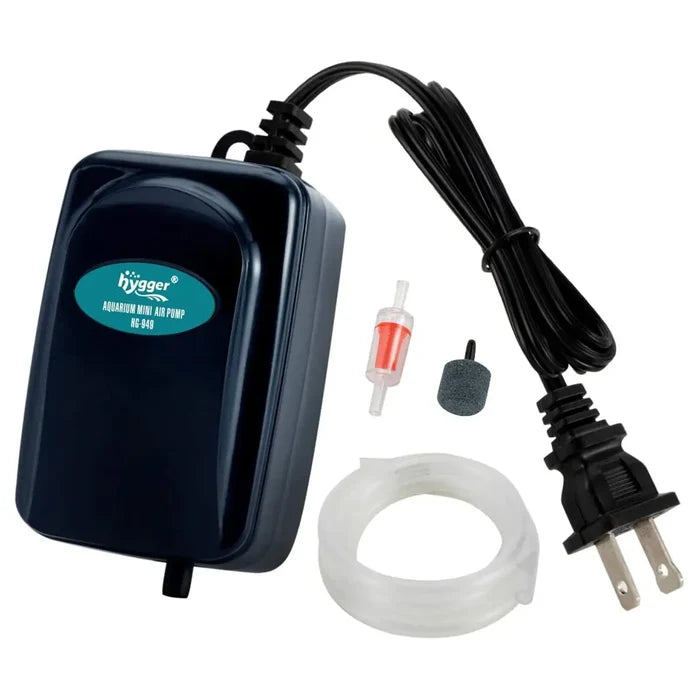 Black plastic hygger silent air pump with power cord and accessories for 5-20 gallon aquarium use