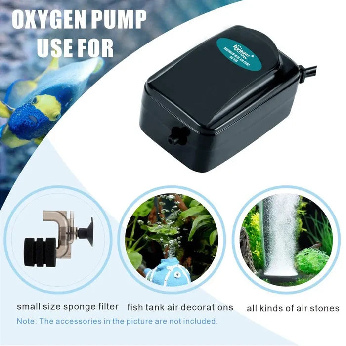 Black plastic hygger silent air pump with teal label showing model number for 5-20 gallon oxygen use