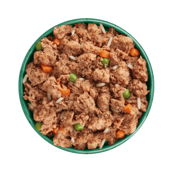 White background with a green bowl pictured filled with wet dog food.