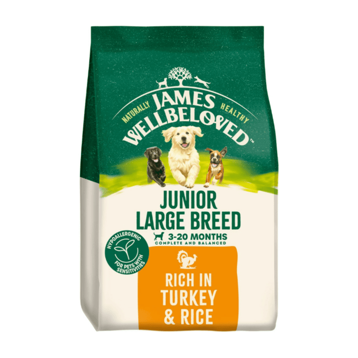 White background with a bag of James Wellbeloved Turkey & Rice Large Breed Junior Food. Packaging is green and cream with 3 puppies pictured, with text 'Junior Large Breed , 3 - 20 months, Rich in Turkey & Rice'.