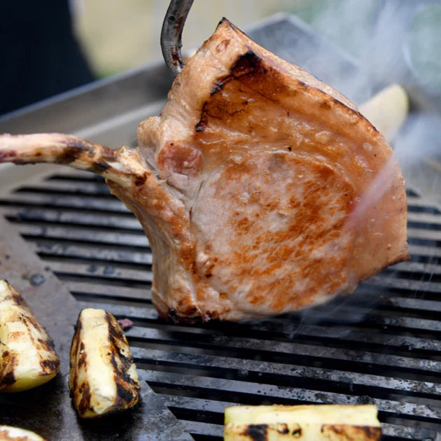 Grilled pork chop on aKasai Konro Plancha Nano with some vegetables