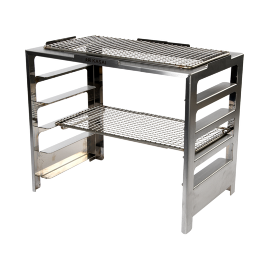 A stainless steel Kasai Konro Robata Rack with two shelves, designed for use with a medium long grill.