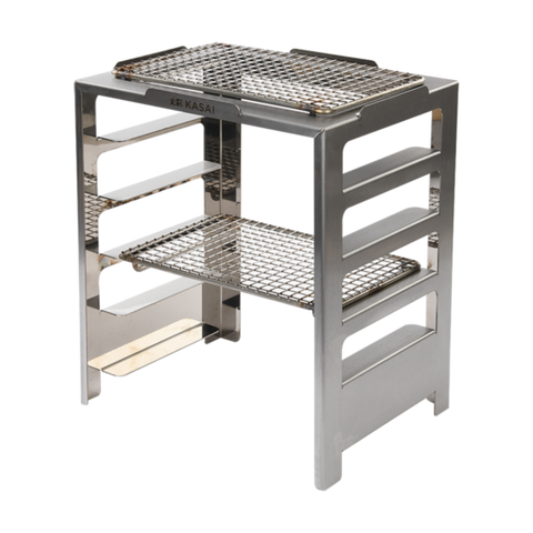 A stainless steel grilling rack with two shelves, branded with the Kasai logo, designed for use with a Kasai Grill.