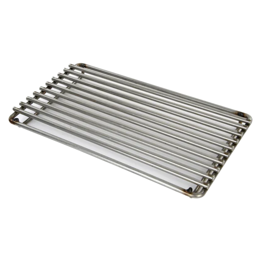 A stainless steel searing grate with parallel bars, intended for use on a grill.