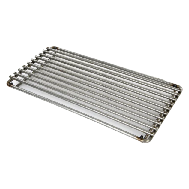 A stainless steel searing grate with parallel bars laid out flat.