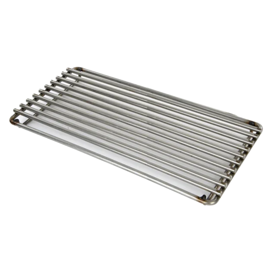 A stainless steel searing grate with parallel bars laid out flat.