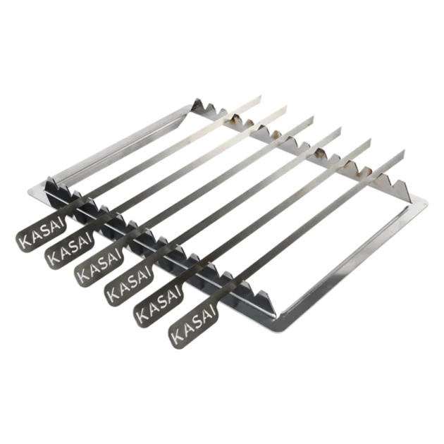 A stainless steel Kasai Konro skewer rack with multiple skewers and handles, designed for use with a grill.