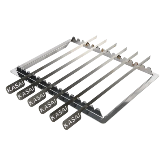 A stainless steel Kasai Konro skewer rack with multiple skewers and handles, designed for use with a grill.
