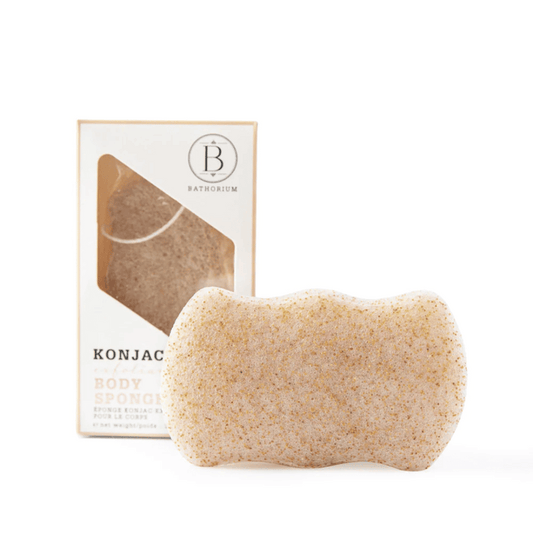 Konjac Walnut Exfoliating Body Sponge | Bathorium displayed with its eco-friendly packaging, a natural textured sponge designed for gentle skincare and body care exfoliation.