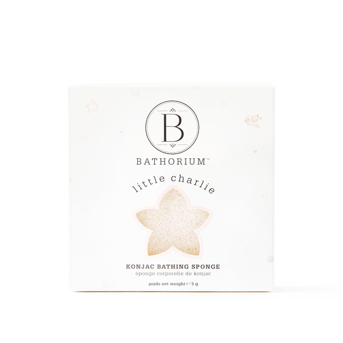 Packaging of little charlie™ Konjac Sponge | Bathorium showing a white box with star-shaped cutout revealing natural konjac bathing sponge inside, designed for gentle skincare and body care.