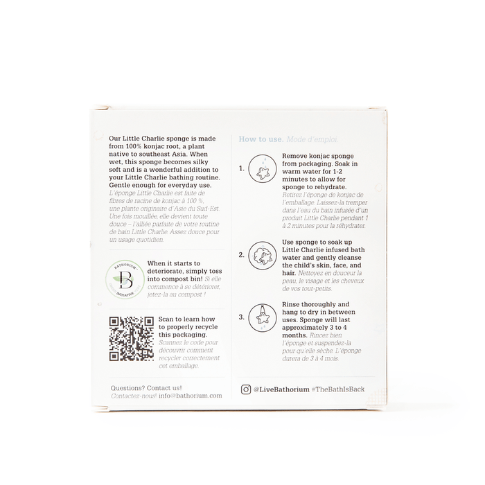 Back of packaging for little charlie™ Konjac Sponge | Bathorium showing usage instructions, composting information, and a QR code for recycling details.