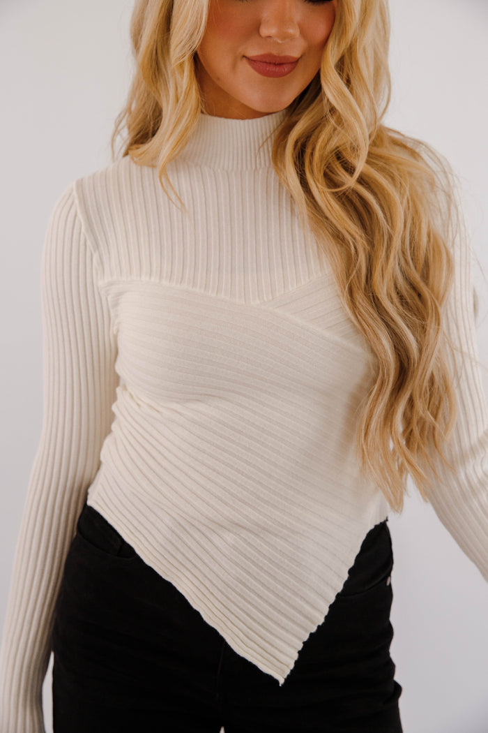 Asymmetrical Ribbed Long Sleeve Top- Women's Ivory Layering Top- Women's Ribbed Top