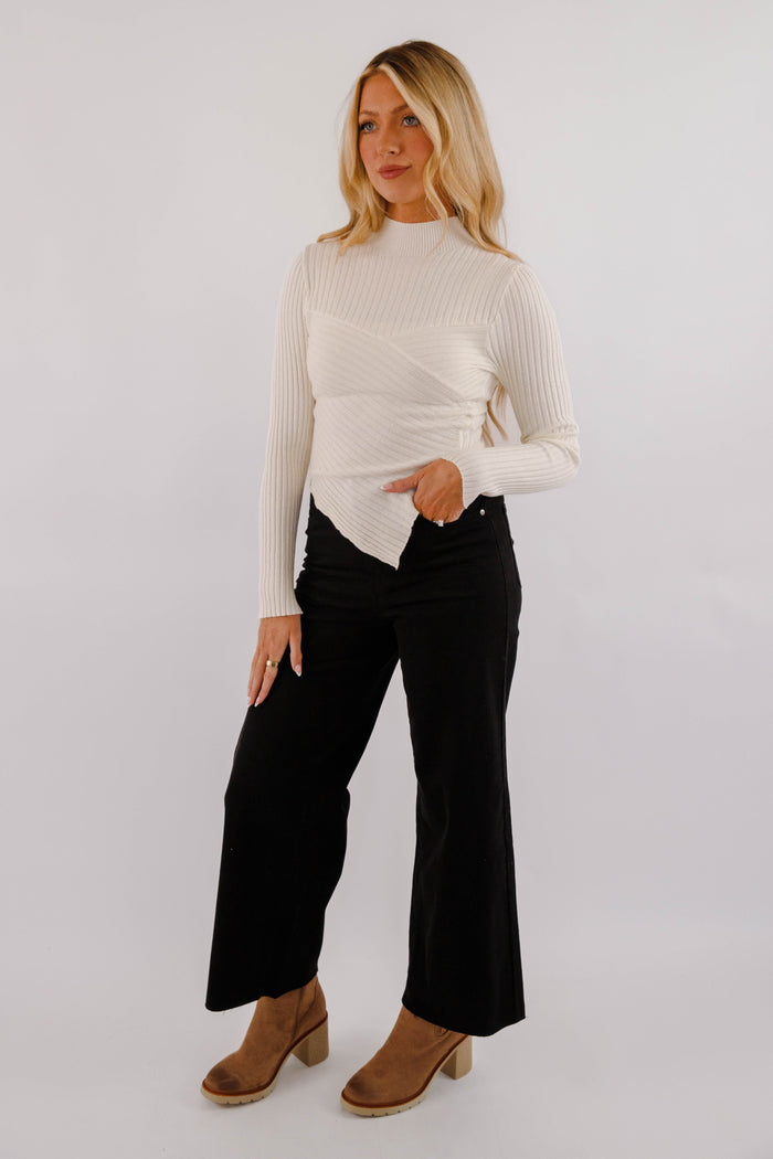Asymmetrical Ribbed Long Sleeve Top- Women's Ivory Layering Top- Women's Ribbed Top
