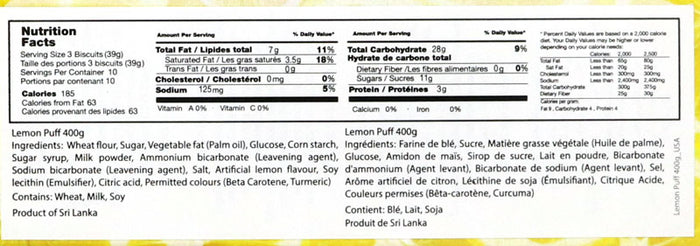 Maliban Lemon Puff (Large Pack) 400g Nutrition